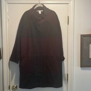 Max Studio Black Burgundy Color Block Wool Blend Snap Front Coat